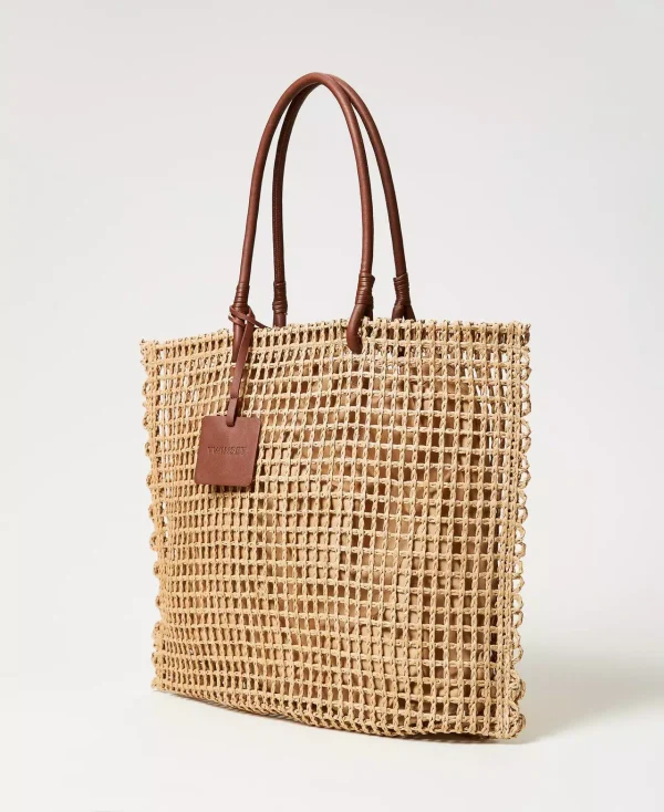 Borsa Shopper Effetto Paglia a Rete Beige