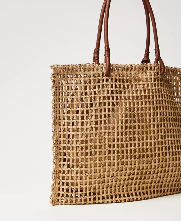 Borsa Shopper Effetto Paglia a Rete Beige - immagine 3